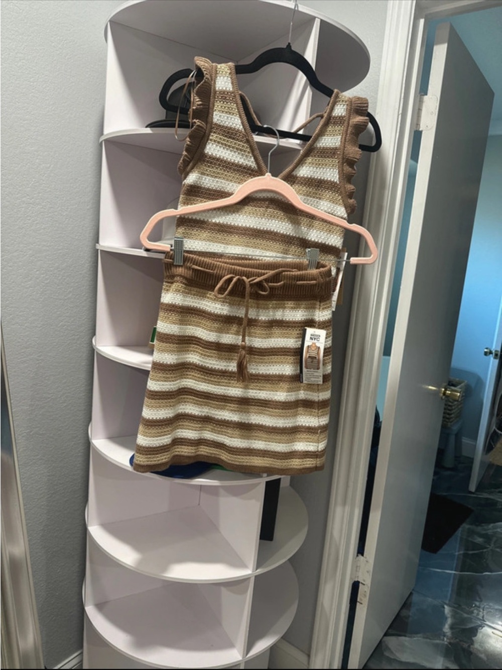 Striped Knit Skirt Set in Brown & Cream - Brand: